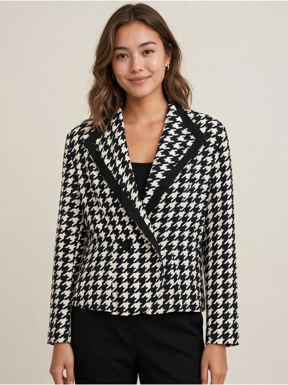 Women's vintage Léger Black & White Houndstooth rayon Blazer Jacket lightweight